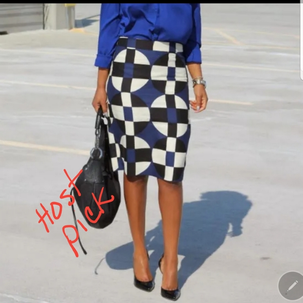 J CREW NO. 2 PENCIL wool silk blue black white geometric print lined skirt 00P